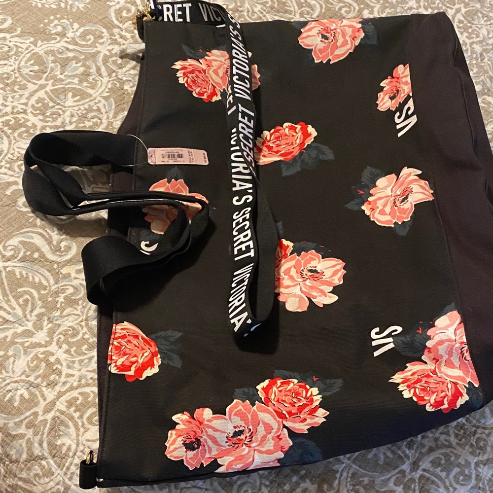 Victoria's Secret Black and Pink Floral Bag